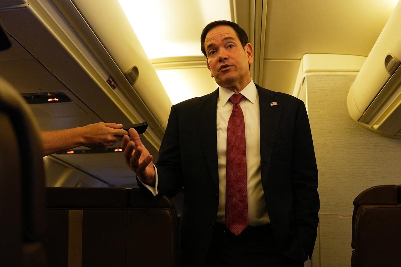 US Secretary of State Marco Rubio speaks to reporters onboard his plane at Jaipur International Airport in Jaipur on May 26, 2026. (AFP Photo)