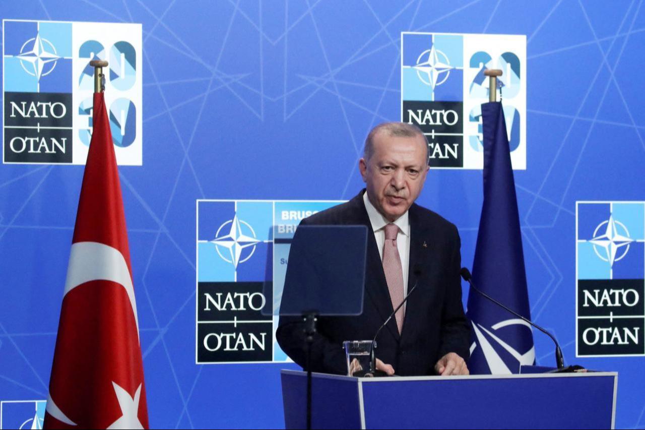 President Tayyip Erdogan holds a news conference during the NATO summit at the Alliance’s headquarters in Brussels, Belgium June 14, 2021. (Reuters)
