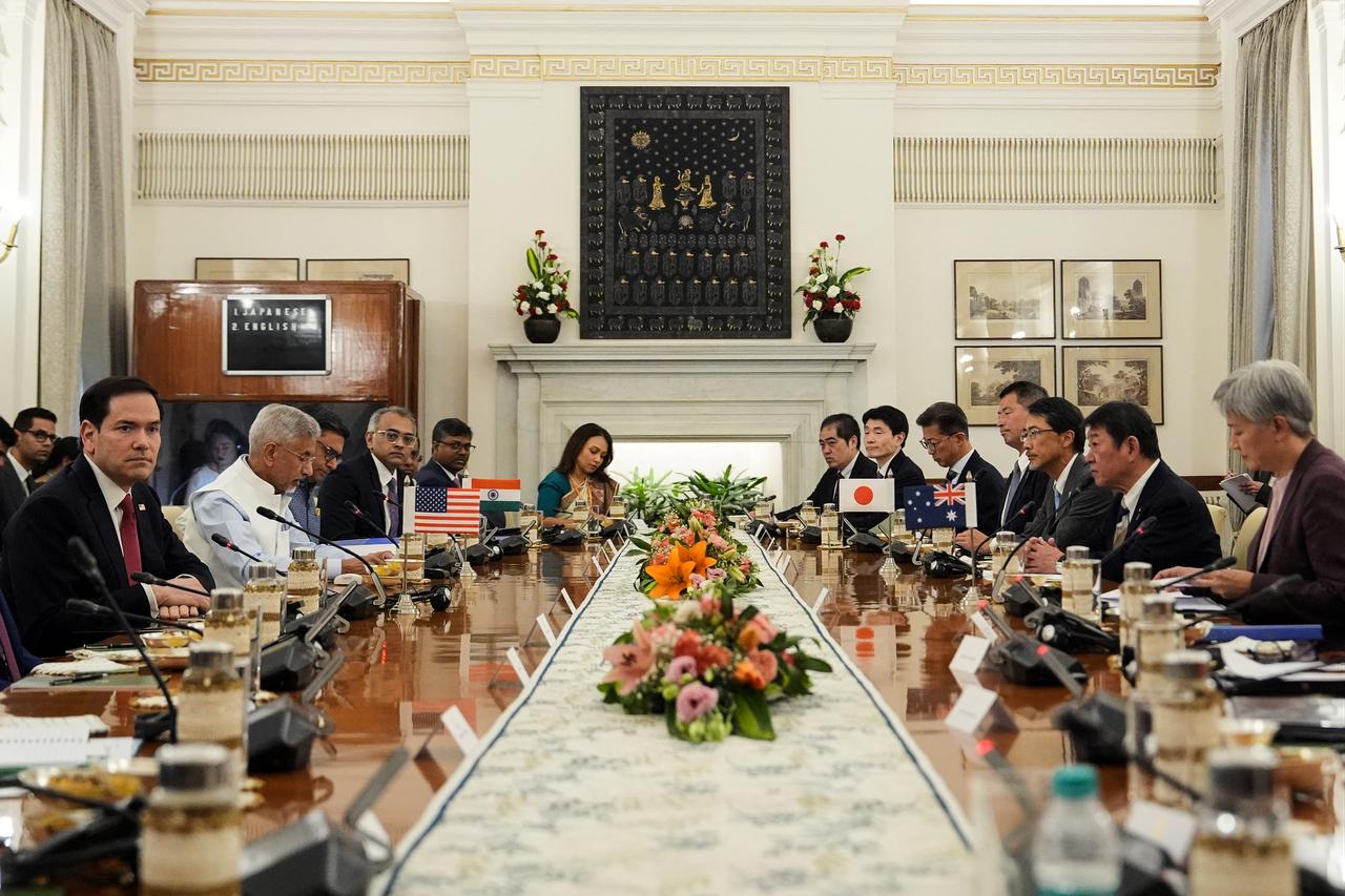 US Secretary of State Marco Rubio (L), India's Foreign Minister Subrahmanyam Jaishankar (2L), Australia’s Foreign Minister Penny Wong (R) and Japan’s Foreign minister Toshimitsu Motegi (2R) attend the Quad Foreign Ministers meeting at the Hyderabad House in New Delhi, India, May 26, 2026. (AFP Photo)