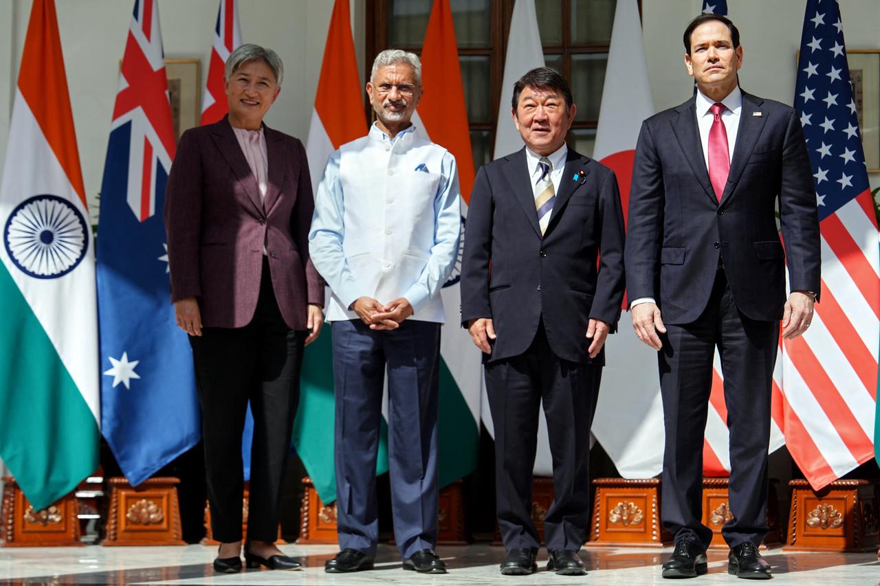 (From L-R) Australia’s Foreign Minister Penny Wong, India's Foreign Minister Subrahmanyam Jaishankar, Japan’s Foreign minister Toshimitsu Motegi and US Secretary of State Marco Rubio pose for a group photo after the Quad Foreign Ministers meeting at the Hyderabad House in New Delhi, India, May 26, 2026. (AFP Photo)