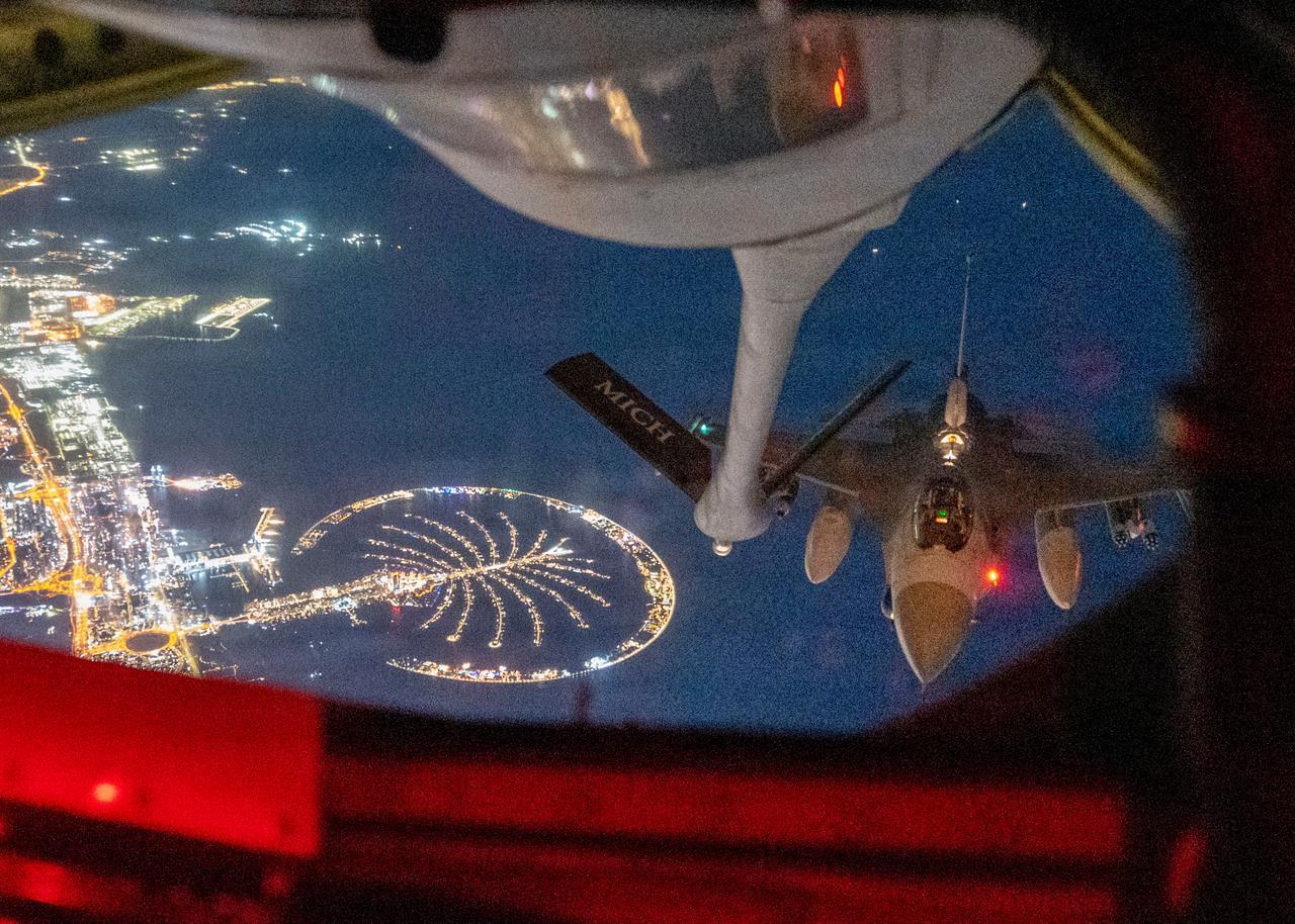 A U.S. Air Force F-16 Fighting Falcon prepares to receive fuel from a U.S. Air Force KC-135 Stratotanker in the U.S. Central Command Area of responsibility May 11, 2026. (Photo via U.S. Air Force)