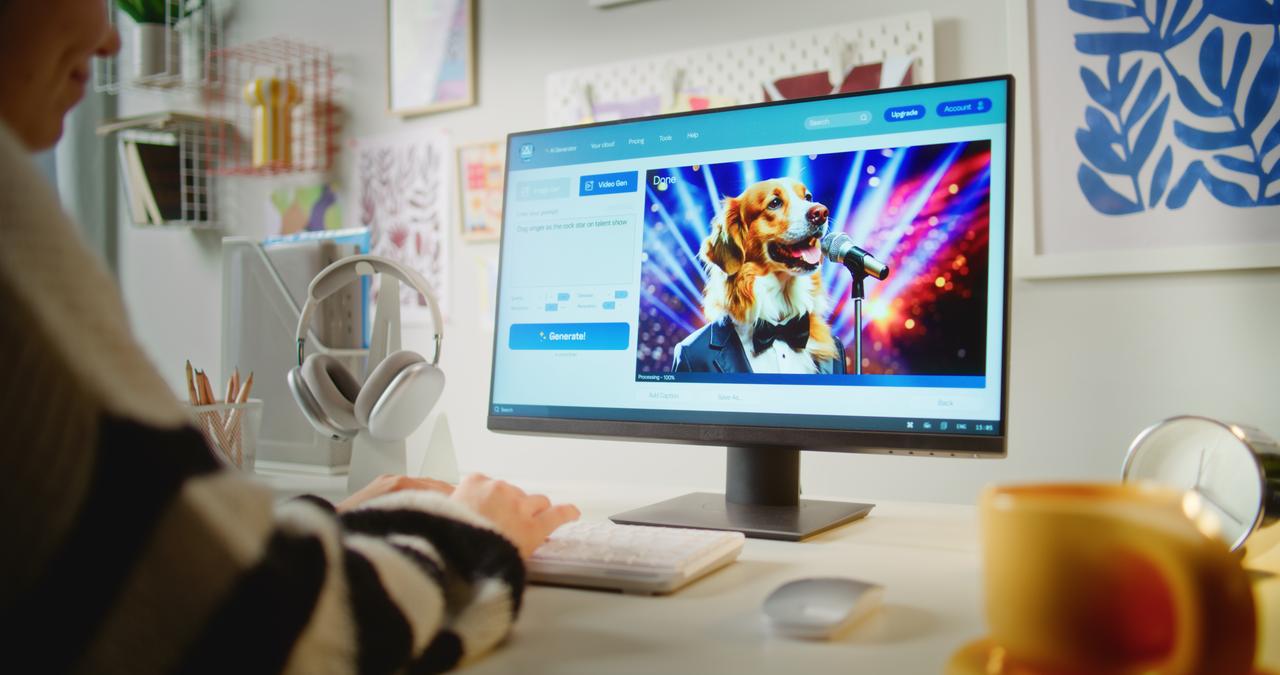 Back view of girl typing prompt in artificial intelligence app on personal computer. (Adobe Stock Photo)