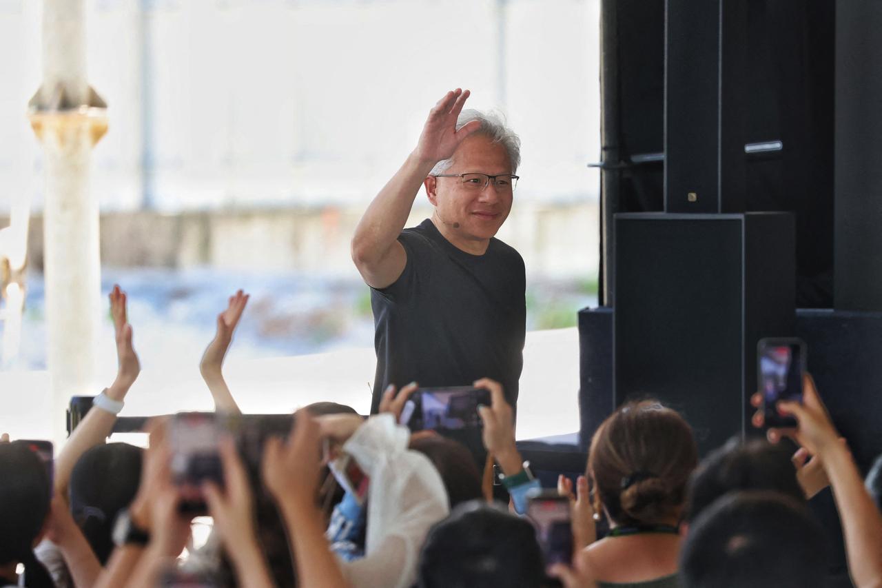 Nvidia CEO Jensen Huang attends the company wide convention at their T17 and T18 plots in Shilin-Beitou Technology Park in Taipei, May 27, 2026 (AFP Photo)