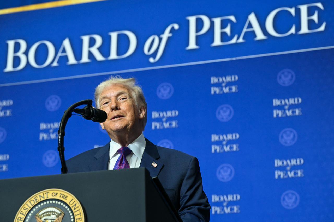 US President Donald Trump delivers remarks during the inaugural meeting of the "Board of Peace" at the US Institute of Peace in Washington, DC, on February 19, 2026. (AFP Photo)
