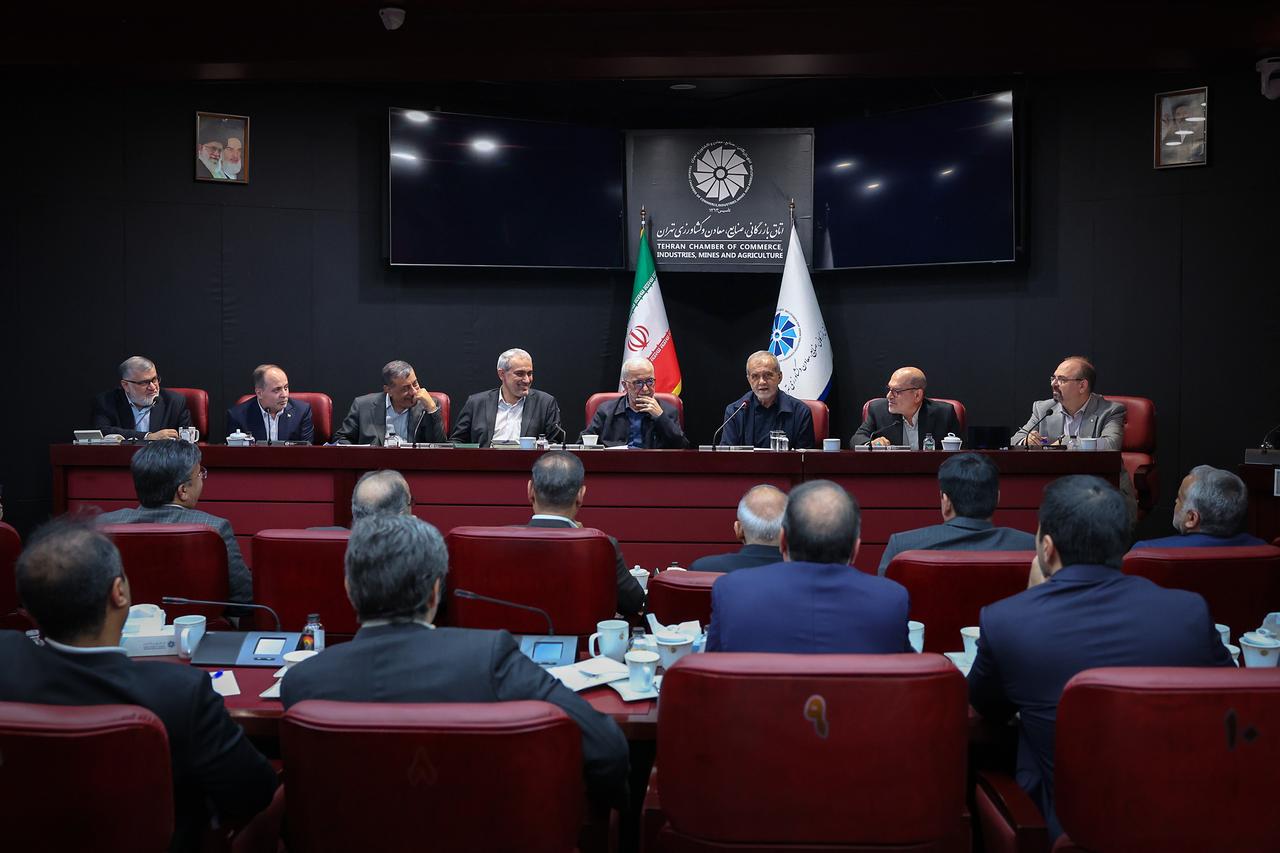 Iranian President Masoud Pezeshkian meets with members of the Tehran Chamber of Commerce in Tehran, Iran, on May 27, 2026. (Photo via Iranian Presidency/Handout)