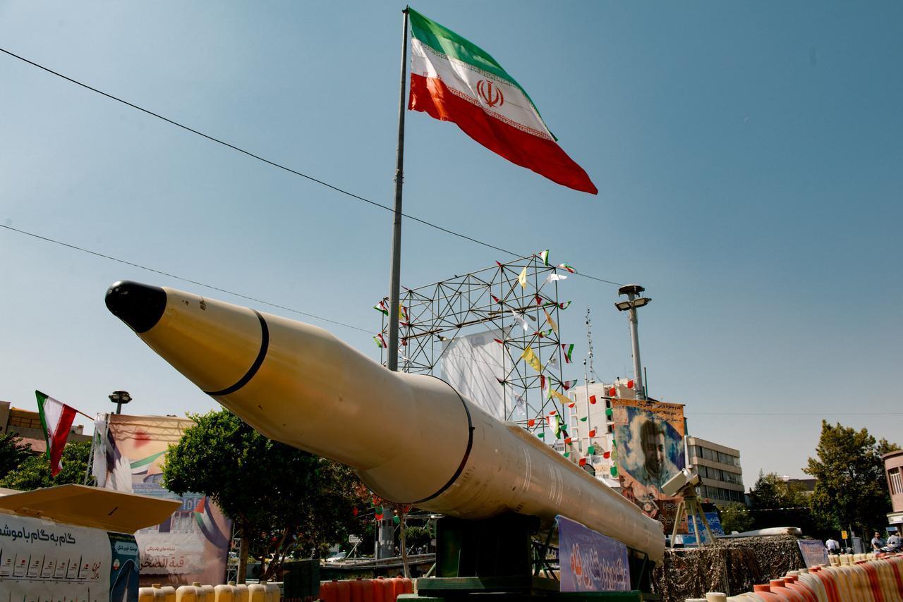 A Qiam surface-to-surface missile is on display as heavy weaponry, including ballistic missiles, air defense systems, and unmanned aerial vehicles, are showcased at Baharestan Square in Tehran, Iran, Sept. 26, 2024. (AFP Photo)