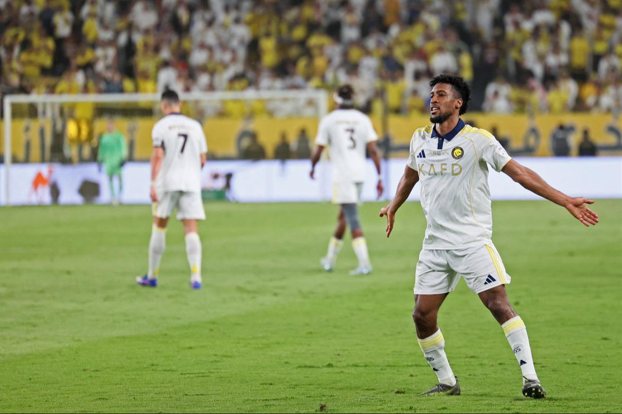 Nassr's French forward #21 Kingsley Coman celebrates after scoring his team's second goal during the Saudi Pro League football match between Al-Nassr and Damac at the Al-Awwal Park Stadium in Riyadh, May 21, 2026. (AFP Photo)