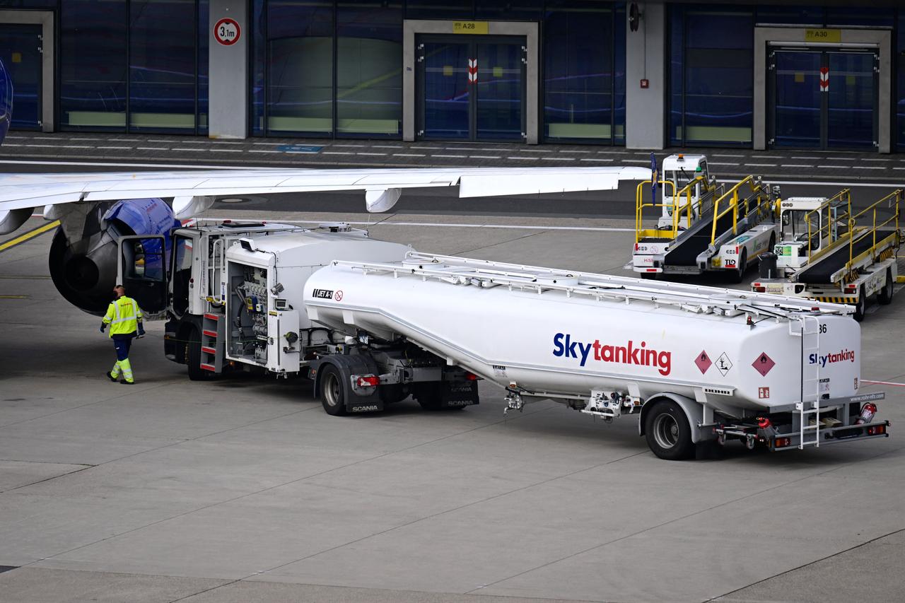 Jet fuel is transported by a tank truck at the airport in Duesseldorf, western Germany, May 21, 2026. (AFP Photo)