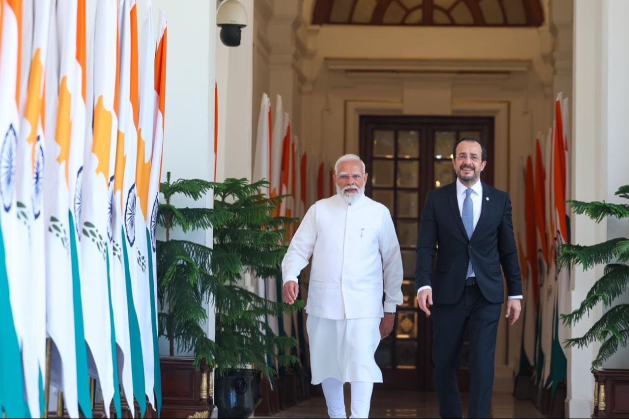 Greek Cypriot leader Nikos Christodoulides (R) and Indian Prime Minister Narendra Modi during their meeting in Delhi, India, May 22, 2026. (Photo via X/@narendramodi)