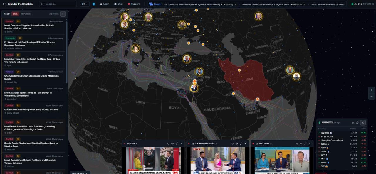 The Monitor the Situation website displays an interactive map and live updates in a screenshot. (Screenshot via Monitor the Situation)