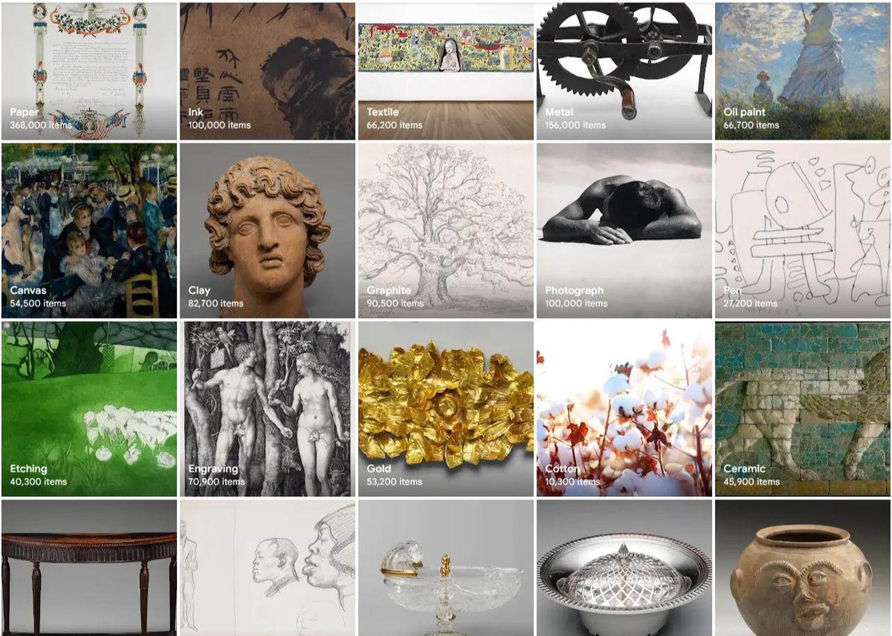 The Google Arts & Culture online collection page displays media categories (Screenshot via Google Arts & Culture)
