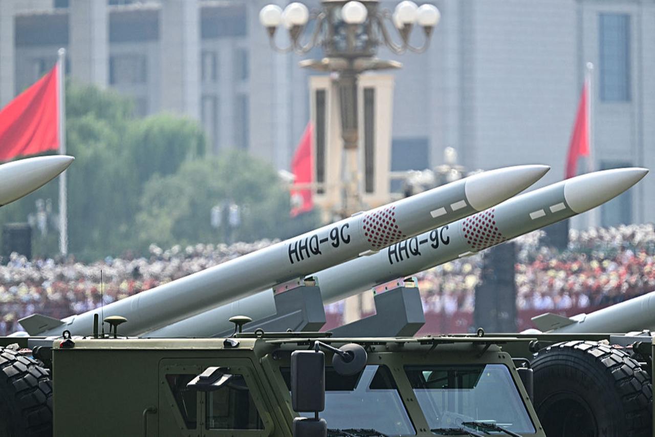 Surface-to-air missiles are seen during a military parade marking the 80th anniversary of victory over Japan and the end of World War II, in Beijing's Tiananmen Square, Sept. 3, 2025. (AFP Photo)