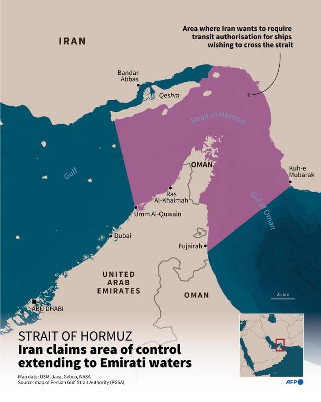 Infographic showing the area where Iran wants to impose a transit permit on ships wishing to cross the strait, which extends as far as Fujairah, on the eastern side in the United Arab Emirates, according to a document published by the Persian Gulf Strait Authority (PGSA), a new Iranian body (AFP Graphics)