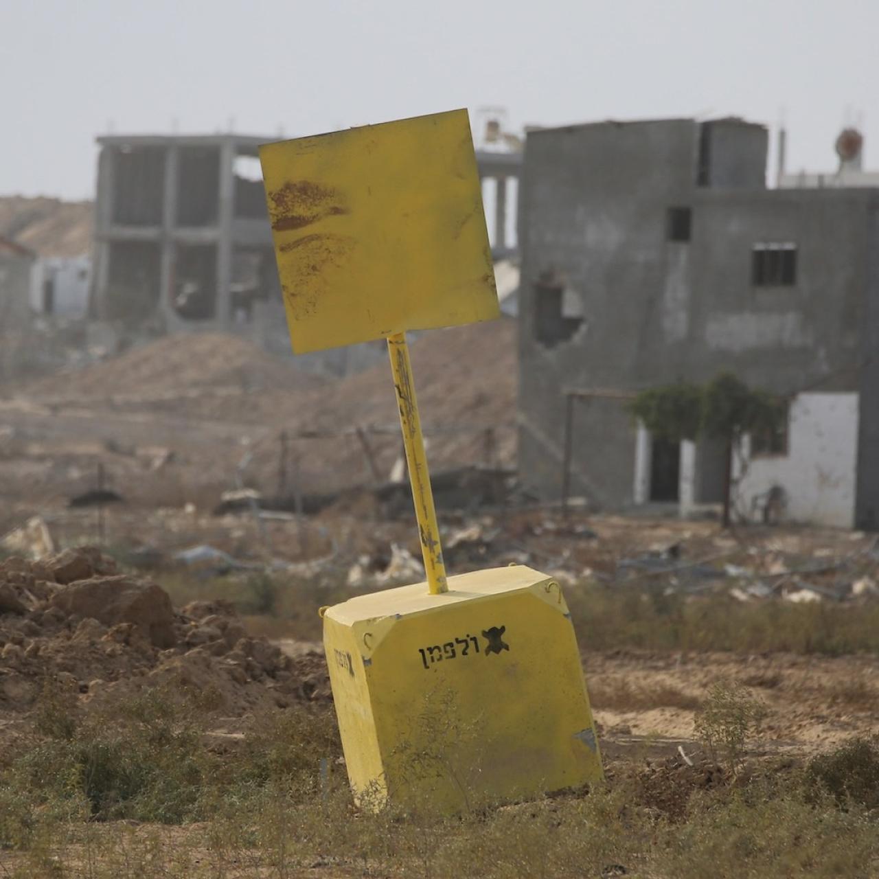 A general view of a concrete block marking the "Yellow Line" drawn by the Israeli military in Bureij, central Gaza Strip, on November 4, 2025. (AFP Photo)