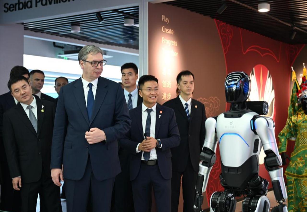 Serbian President Aleksandar Vucic visits the Minth Group's "future factory" in Jiaxing City, east China's Zhejiang Province, on May 27, 2026. (Xinhua via AFP Photo)