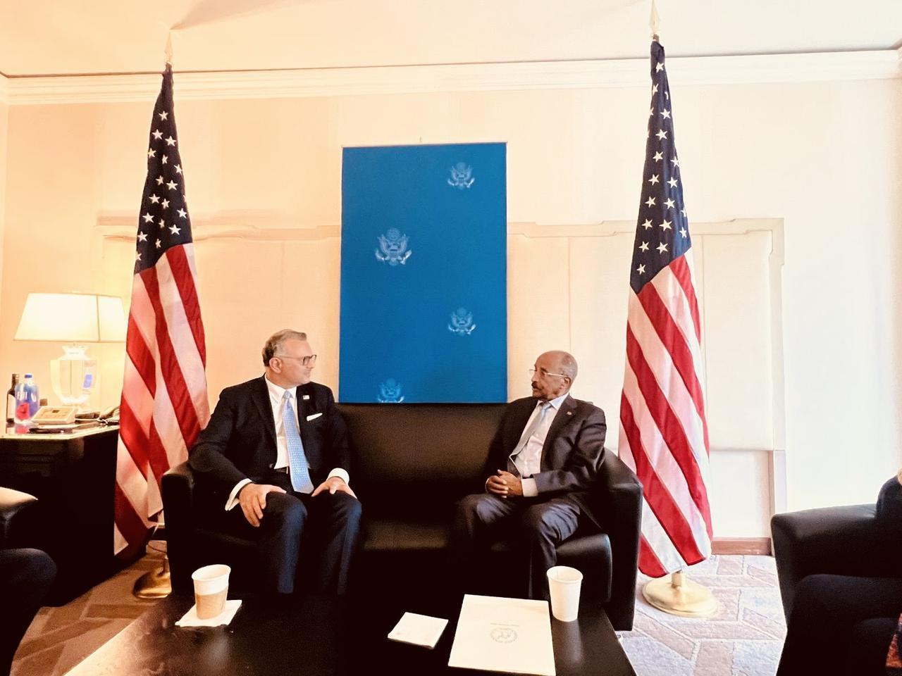 Eritrean Foreign Minister Osman Saleh in conversation with U.S. Senior Advisor Massad Fares Boulos at the 80th UN General Assembly in New York. (Photo via X/ @EmbassyEritrea)