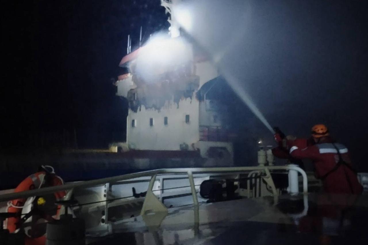 Firefighters work to extinguish a blaze aboard the Turkish-owned cargo vessel ANT after a Russian drone strike near Odesa, Ukraine, May 29, 2026. (Photo via Facebook/navy.mil.gov.ua)