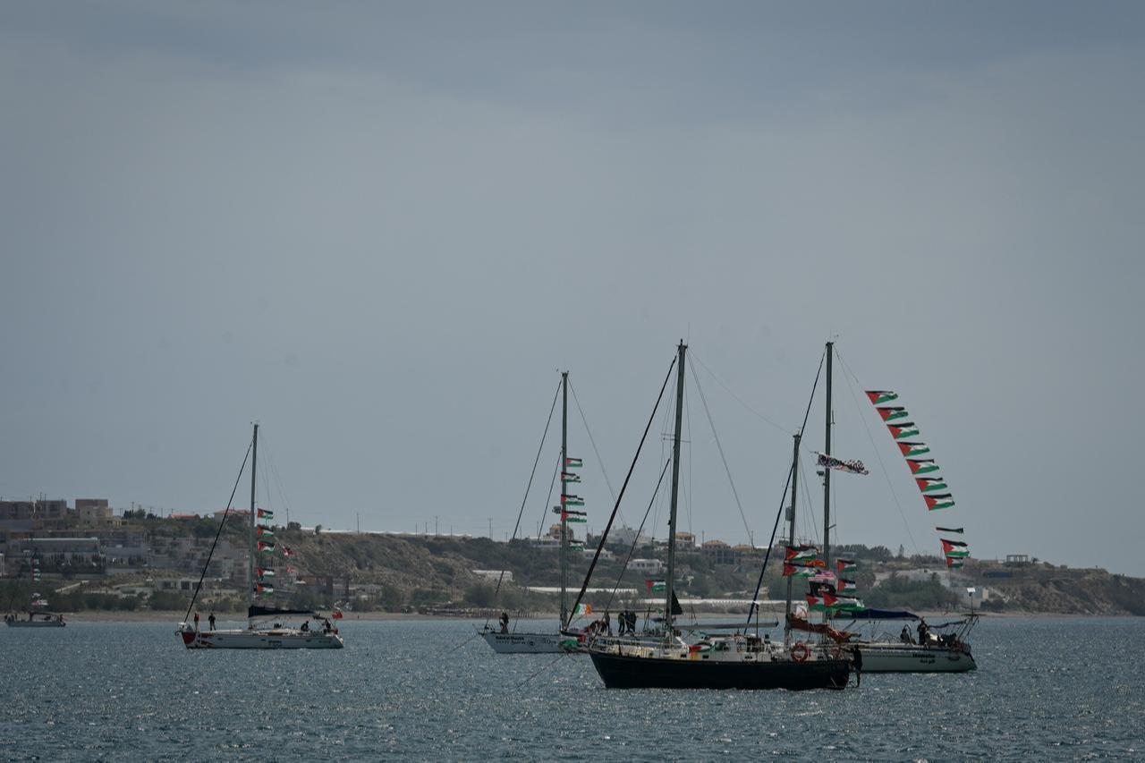 Vessels from the Global Sumud Flotilla, intercepted by the Israeli Navy in international waters, are moored off the coast of the town of Ierapetra, on the island of Crete, May 1, 2026. (AFP Photo)