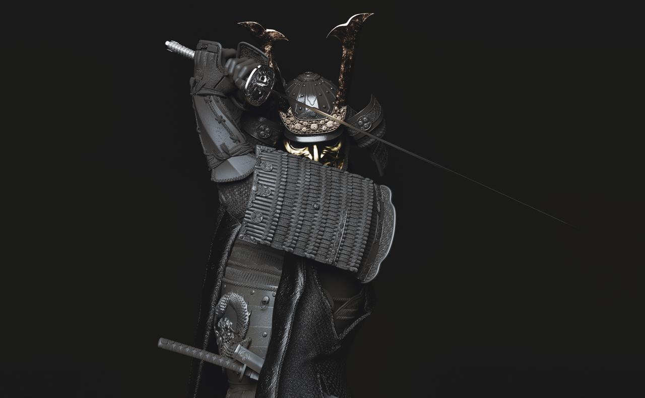 A Japanese samurai in armor wields a sword (Adobe Stock Photo)