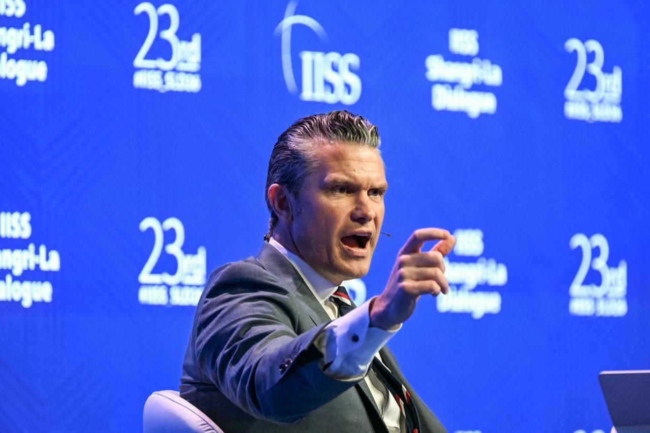 US Secretary of Defense Pete Hegseth speaks during a plenary session of the 23rd Shangri-La Dialogue summit in Singapore on May 30, 2026. (AFP Photo)