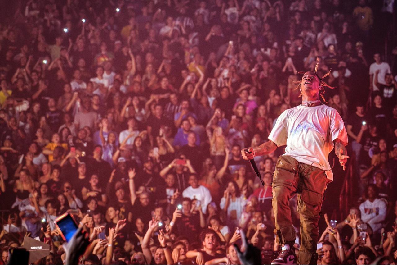 Travis Scott onstage in Miami in 2018 supporting “Astroworld,” the album that cemented him as a hip-hop superstar and master of marketing. (Photo by Alexander Tamargo)