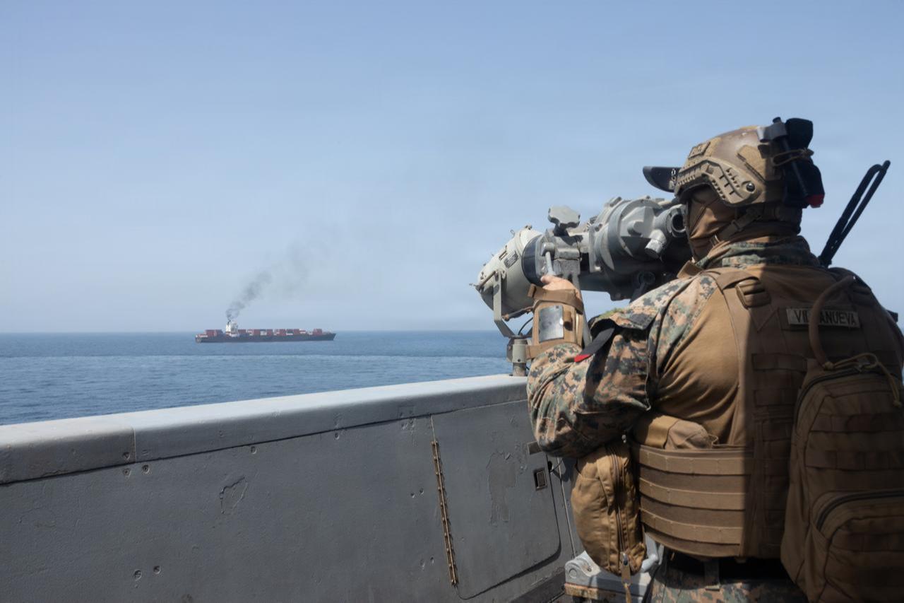 U.S. forces patrol the Arabian Sea near M/V Touska, April 20, 2026, after the Iranian-flagged vessel attempted to violate the U.S. naval blockade. (Photo via U.S. Navy)