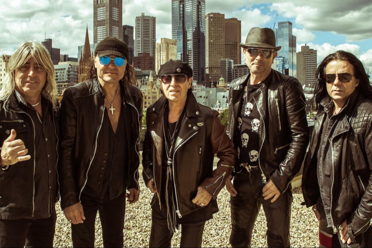 Scorpions in Melbourne, Australia in 2016 during the 50th Anniversary World Tour; (from left to right) Mikkey Dee, Matthias Jabs, Klaus Meine, Rudolf Schenker and Pawel Maciwoda. (Photo via Wikimedia)