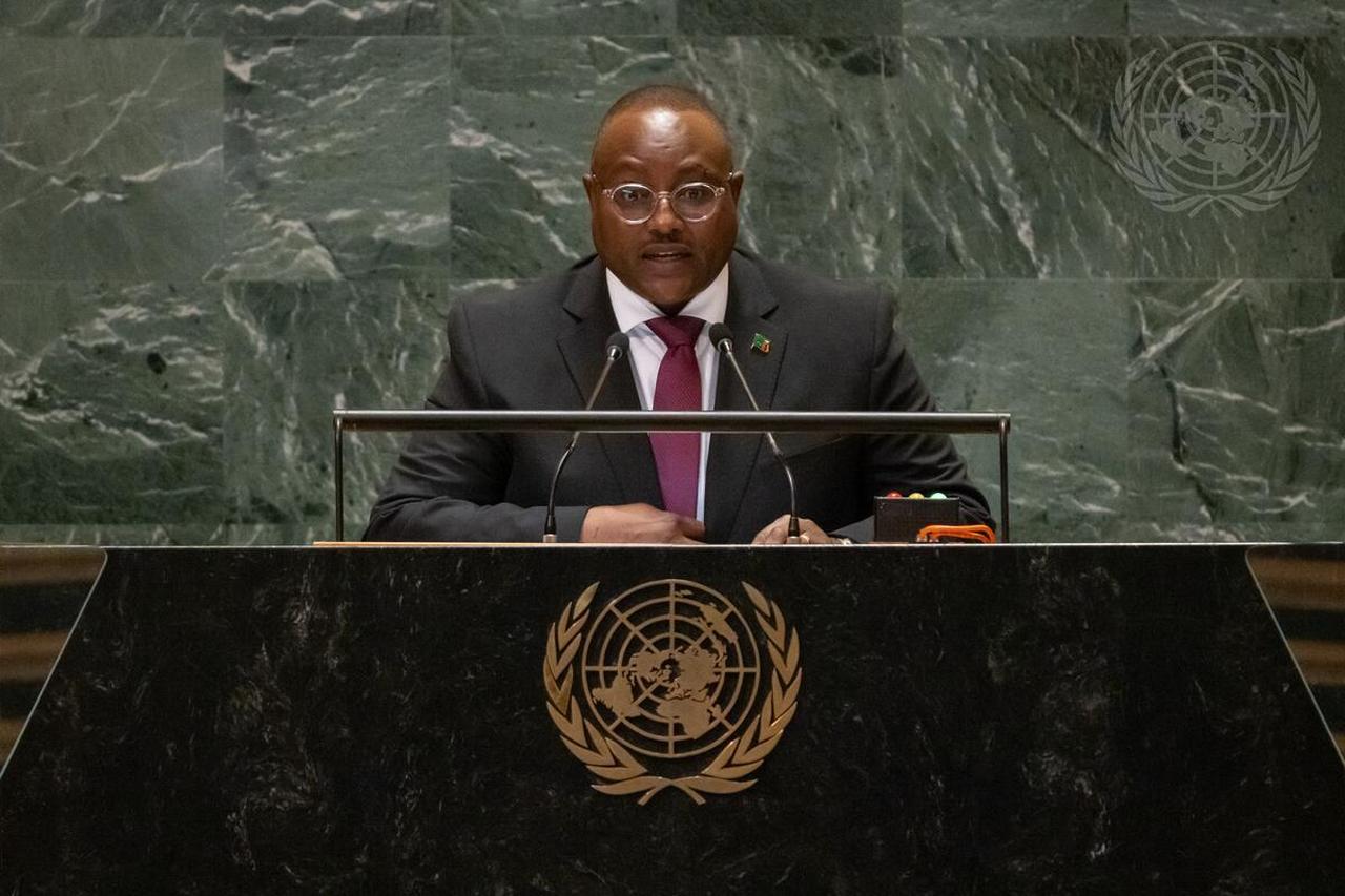 Photo shows Zambian Foreign Minister Mulambo Haimbe during a speech at United Nations General Assembly on 28 September, 2024. (UN Photo)