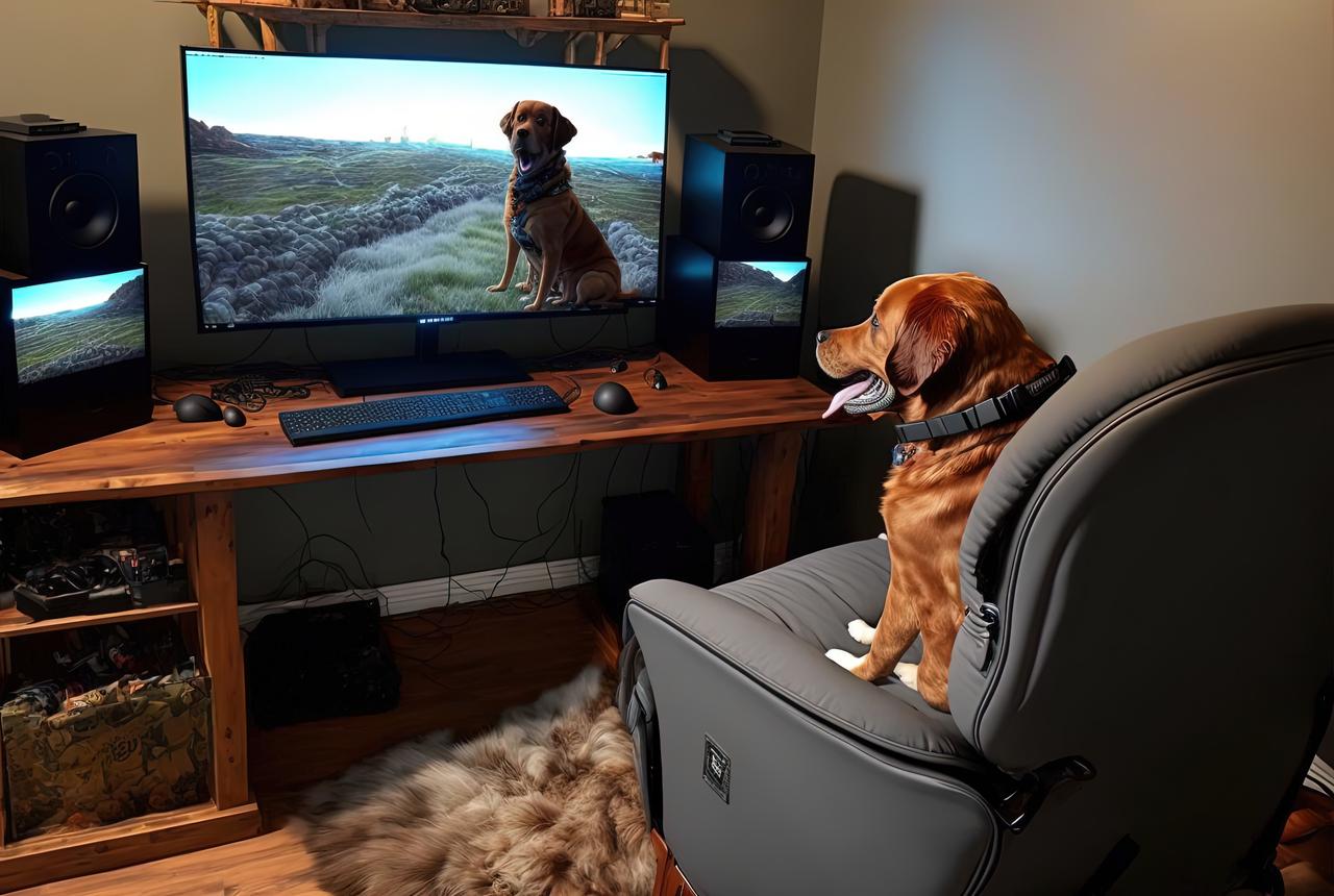 Illustration of cute dog watching program on computer monitor at home. (Photo via Adobe Stock)