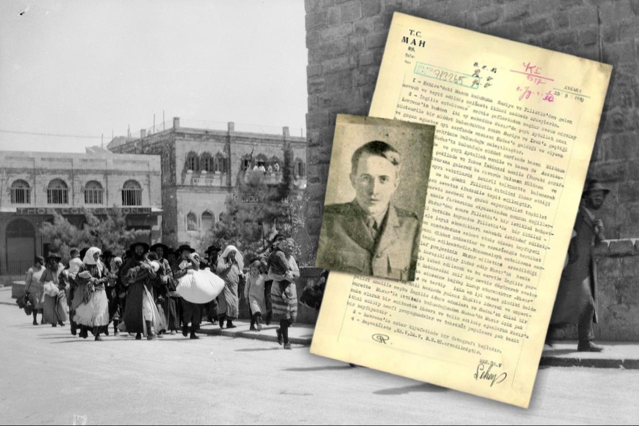 A collage combining a British Mandate-era street scene with a 1929 Turkish intelligence document and a photograph of Thomas Edward Lawrence, released by Türkiye’s National Intelligence Organization (MIT). (Photo collage by Türkiye Today team)