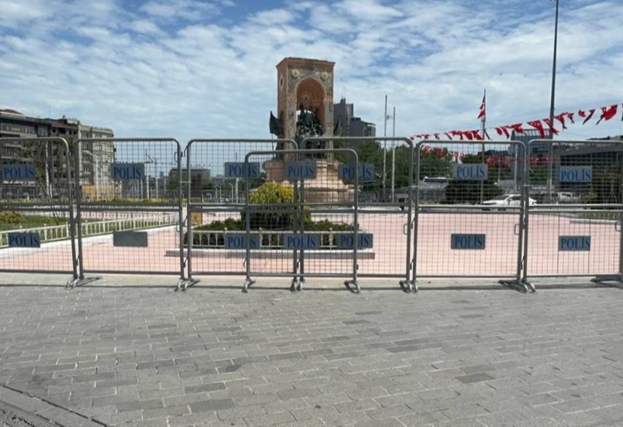 The photo shows police barriers near the Republic Monument in Taksim, Istanbul, on May 31, 2026. (AA Photo)