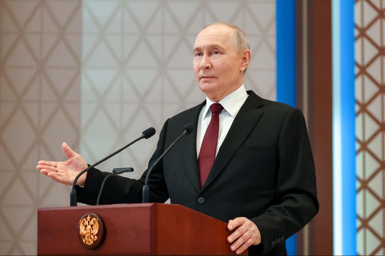 In this pool photograph distributed by the Russian state agency Sputnik Russia's President Vladimir Putin addresses a press-conference during his state visit to Kazakhstan, at the Palace of Independence in Astana, May 29, 2026. (AFP Photo)