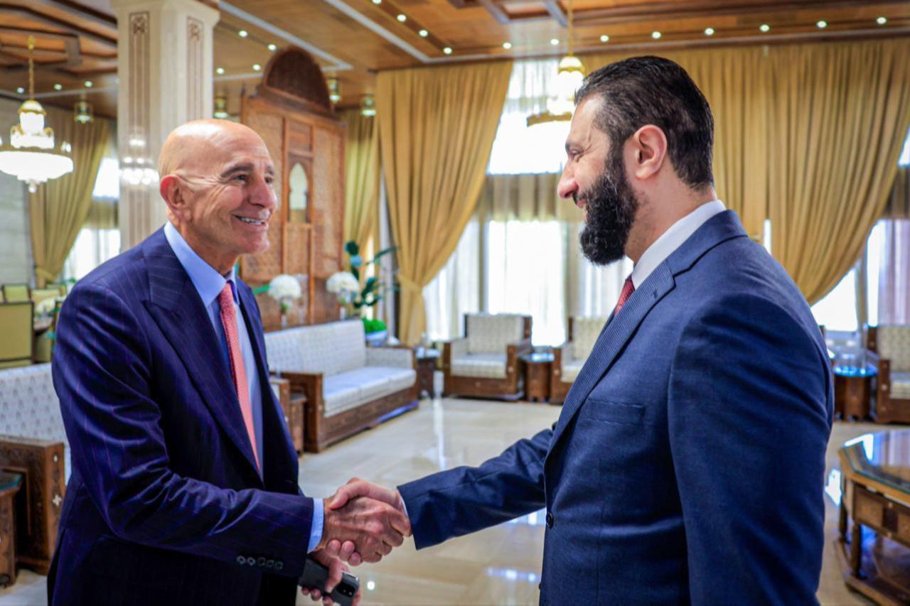 President of Syria Ahmed al-Sharaa (L) meets with US Special Representative for Syria Tom Barrack (L) in Damascus, Syria, on Oct. 7, 2025. (Photo via Syrian Presidency)