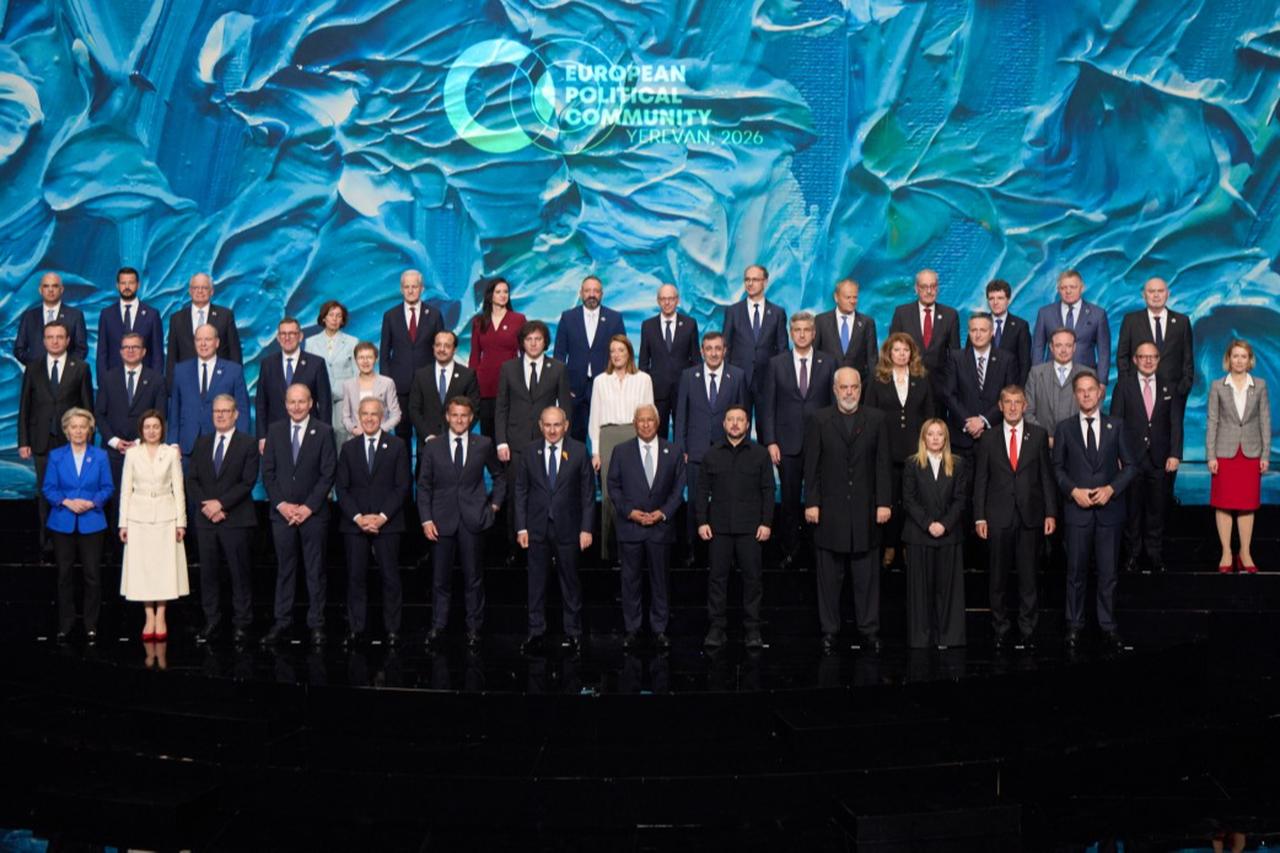 Leaders pose for a family photo during the 8th European Political Community (EPC) summit in Yerevan, Armenia, on May 4, 2026. (Photo via Ukrainian Presidency/HO)