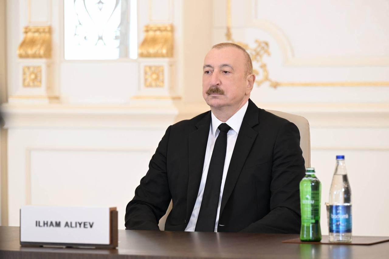 Azerbaijani President Ilham Aliyev attends the 8th European Political Community (EPC) Summit held in Yerevan, the capital of Armenia, via video link and delivers a speech from Baku, Azerbaijan May 4, 2026. (Photo via Azerbaijan Presidency/HO)