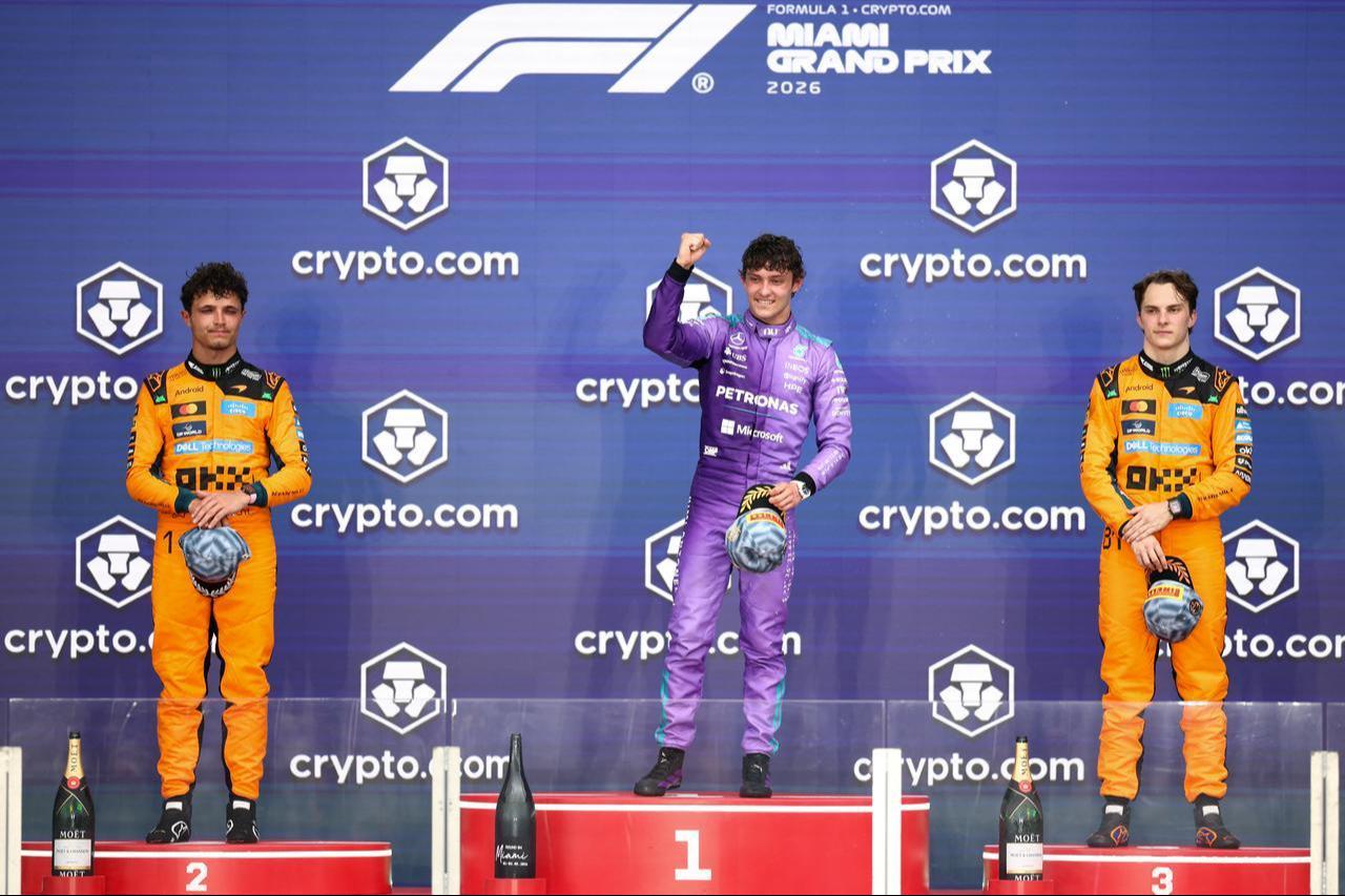 Kimi Antonelli (C) celebrate on the podium alongside Lando Norris (L) and  Oscar Piastri (R) after the 2026 Miami Formula One Grand Prix at Miami International Autodrome in Miami Gardens, Florida, on May 3, 2026. (AFP Photo)