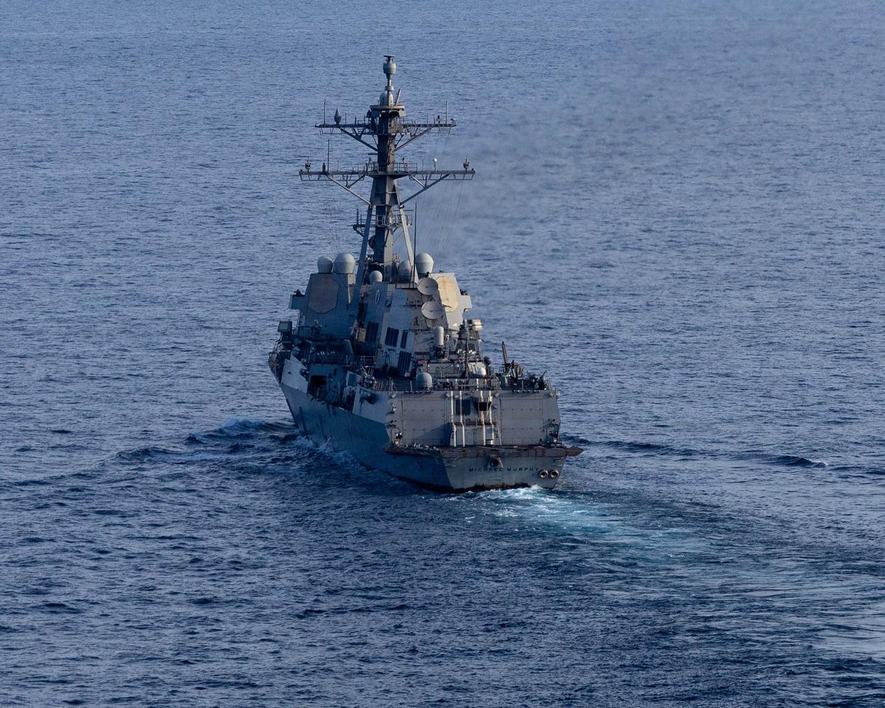 Arleigh Burke-class guided-missile destroyer USS Michael Murphy (DDG 112) patrols the Arabian Sea during a maritime blockade against ships entering or exiting Iranian ports and coastal areas, April 17, 2026. (Photo via U.S. Navy)