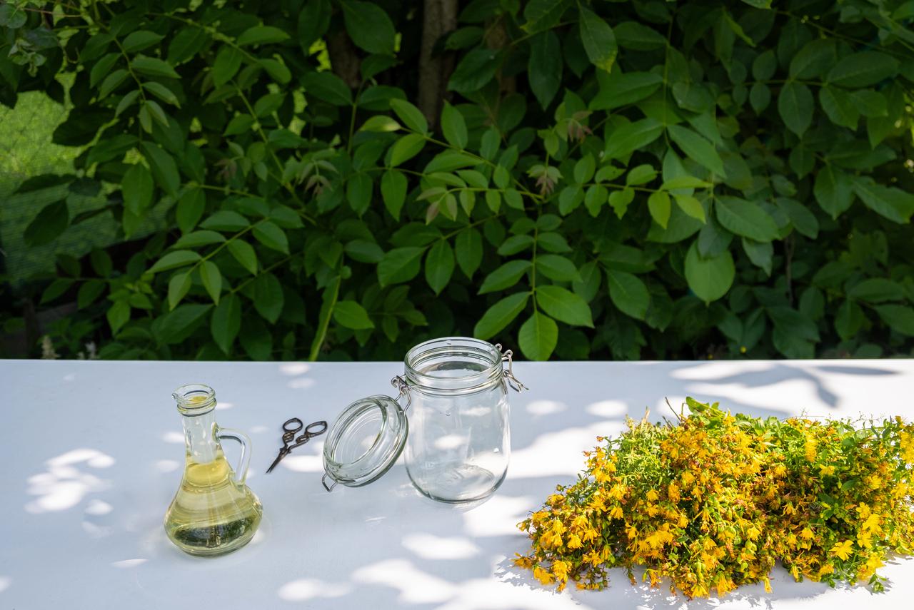 A simple setup of fresh flowers, glass jar and olive oil reflects the traditional method of making kantaron oil. (Adobe Stock Photo)