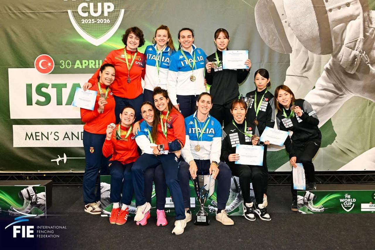Medal-winning teams pose on the podium following the women’s team event at the Foil World Cup in Istanbul, Türkiye, May 3, 2026. (Photo via Instagram/@fencing_fie)