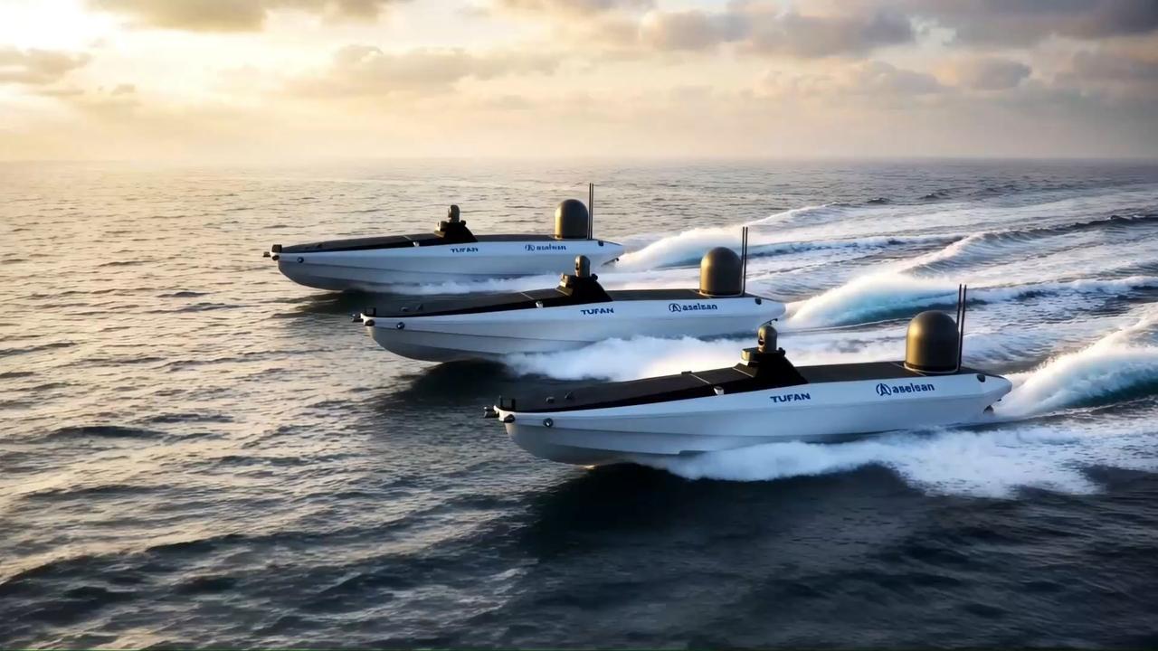 The photo shows Turkish defense giant Aselsan's Tufan (Flood) kamikaze unmanned surface vehicle. (Photo via screengrab from Aselsan's handout video)