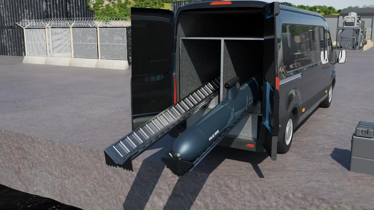 The photo shows Turkish defense giant Aselsan's Kilic kamikaze autonomous underwater vehicle being launched from a van. (Photo via screengrab from Aselsan's handout video)
