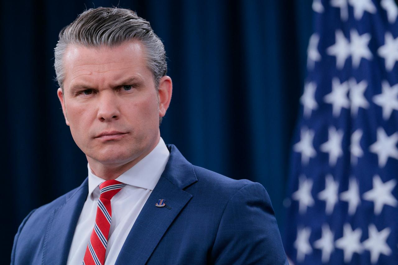 U.S. Secretary of War Pete Hegseth looks on during a press briefing at the Pentagon on May 5, 2026 in Arlington, Virginia. (AFP Photo)