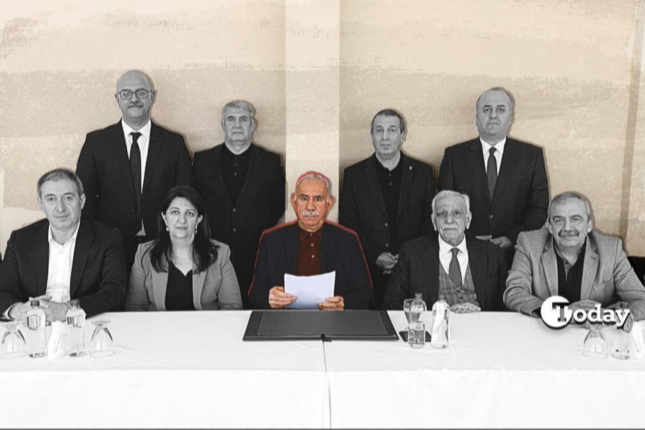 The photo shows the terrorist group PKKs ringleader, Abdullah Ocalan, reading his letter with DEM Party figures. (Collage prepared by Türkiye Today staffer)