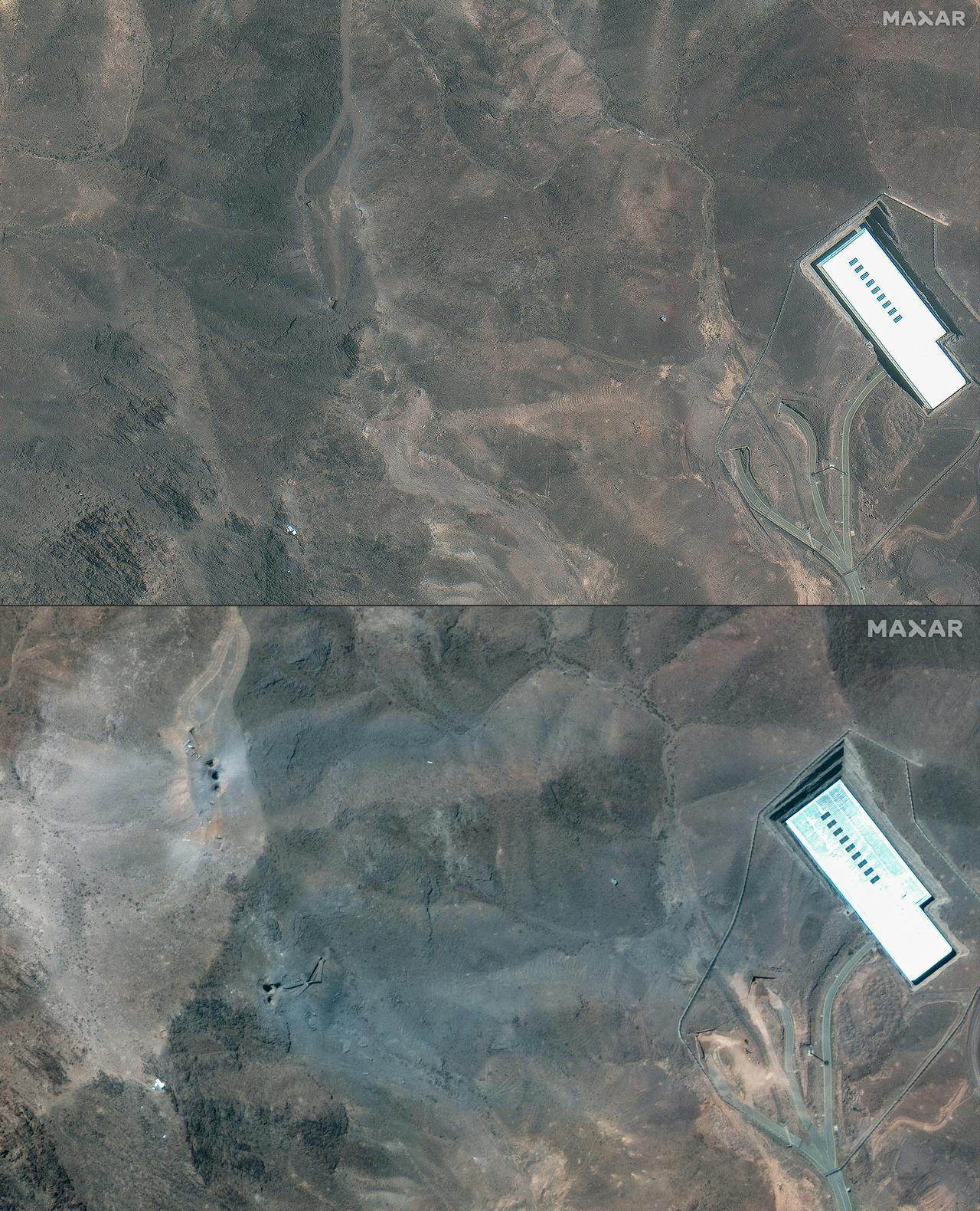 This combination of pictures, created on June 22, 2025, shows Iran's Fordow Fuel Enrichment Plant (FFEP), northeast of the city of Qom, on June 19, 2025 (top), and Iran's FFEP after US strikes on the site on June 22, 2025 (bottom). (Photo by Satellite image ©2025 Maxar Technologies/AFP)