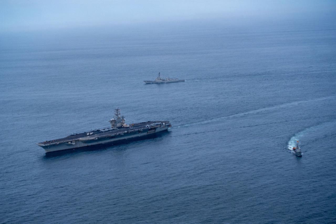 Corvettes conduct formation maneuvering alongside Nimitz-class aircraft carrier USS Nimitz (CVN 68) and Arleigh Burke-class guided-missile destroyer USS Gridley (DDG 101) in the Pacific Ocean, April 8, 2026. (Photo via U.S. Navy)