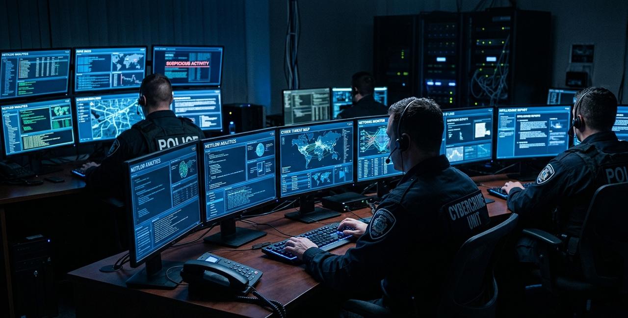 An AI-generated illustration shows police cybercrime officers monitoring digital activity on multiple screens in a control room. (Photo generated by AI)