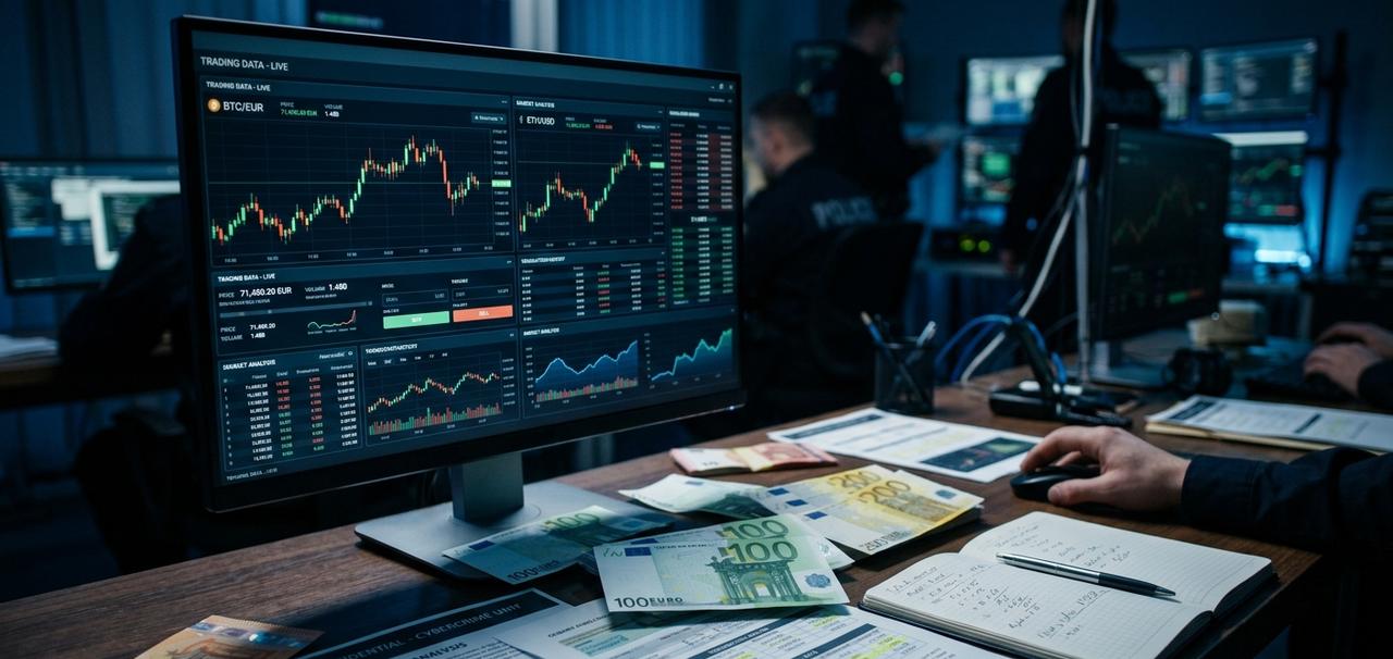 An AI-generated illustration shows financial crime investigators monitoring trading dashboards, transaction records and cash evidence in a control room. (Photo generated by AI)