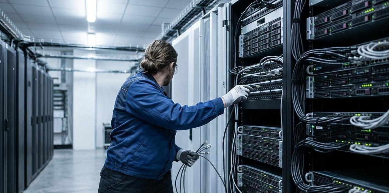 An AI-generated image shows a technician working on server racks in a data center. (Photo generated by AI)