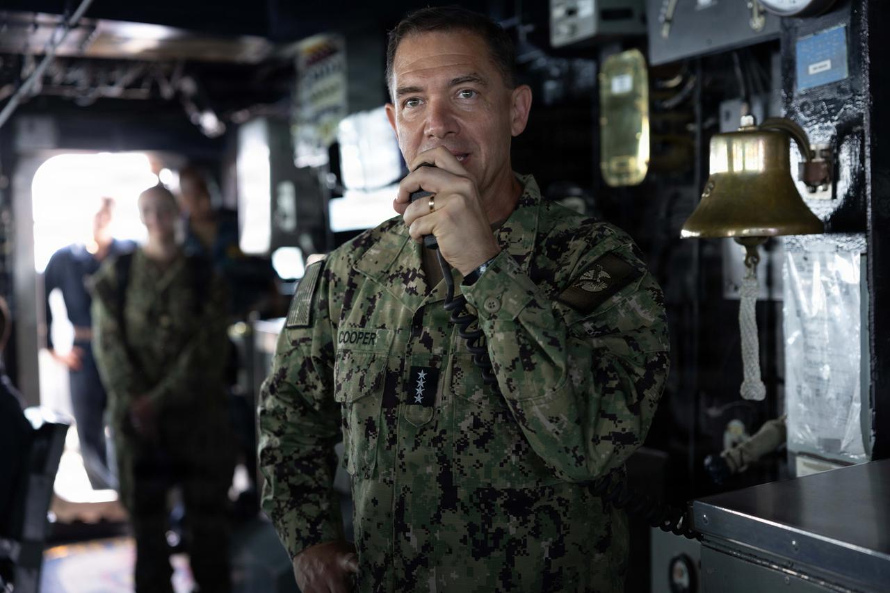 U.S. Navy Admiral Brad Cooper, commander of U.S. Central Command, speaks with the crew during a visit to Arleigh Burke-class guided-missile destroyer USS Milius (DDG 69). (Photo via U.S. Navy)