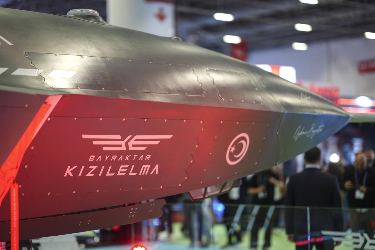 Bayraktar Kizilelma Unmanned Combat Aircraft (UCA), developed by Baykar, is displayed at the 2026 International Defense and Aerospace Exhibition in Istanbul, May 5, 2026. (AA Photo)